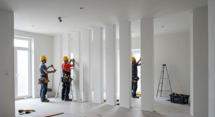 Pose de plaques de plâtre pour cloisons et plafonds.